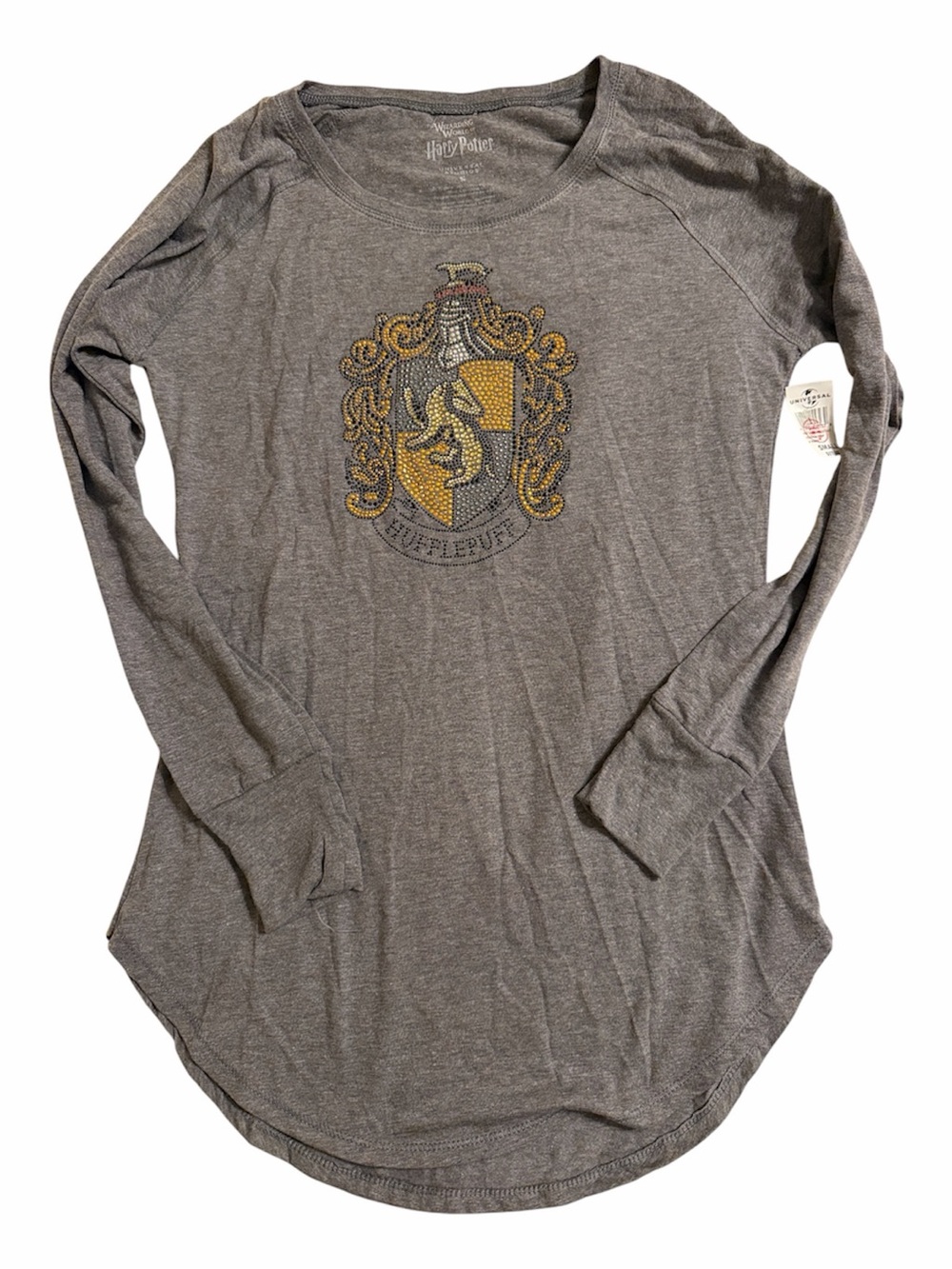 Harry Potter Hogwarts Hufflepuff Long Sleeve Tee Grey Tshirt Bling Crystal Tunic